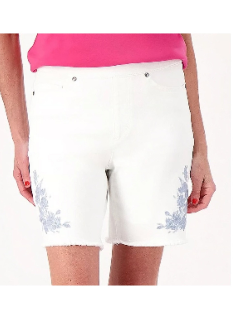 Isaac Mizrahi White pull on  Shorts with Blue Floral Embroidery
